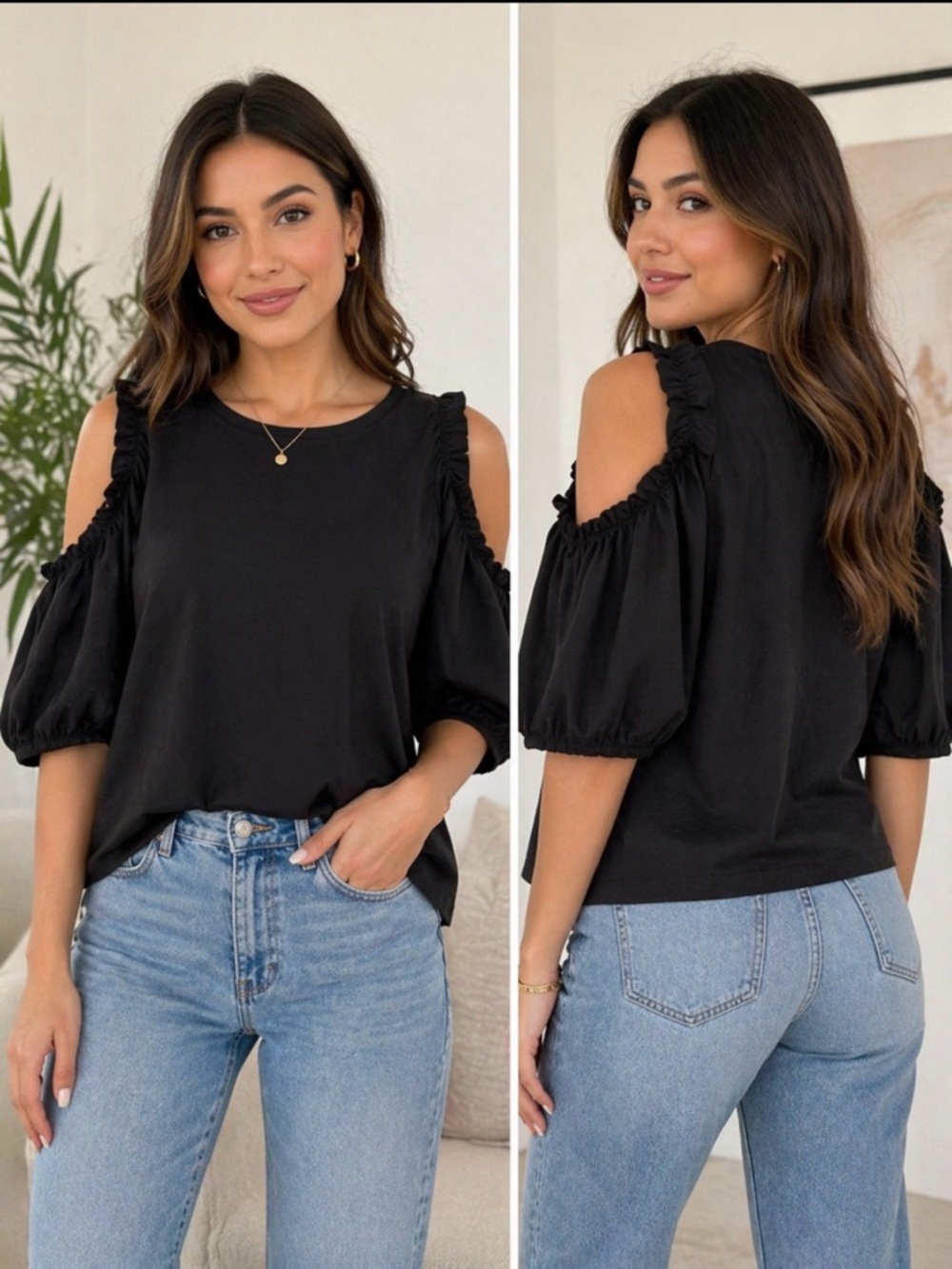 Zara Black Cold-Shoulder Ruffle Puff Sleeve Top
